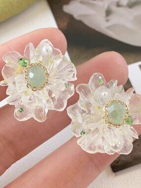 Transparent Resin Flower Stud Earrings Light Green Gem Accent Mini Rhinestone De